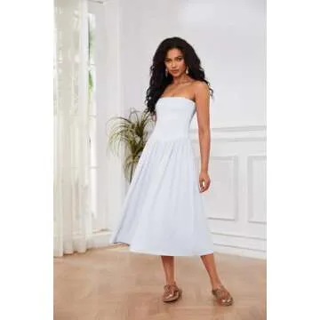 OLAPTA Women Strapless Tube Top Maxi Dresses Patchwork Casual Sleeveless Backless Dresses Swing Basic Solid Dress with Pocket(Medium,White)