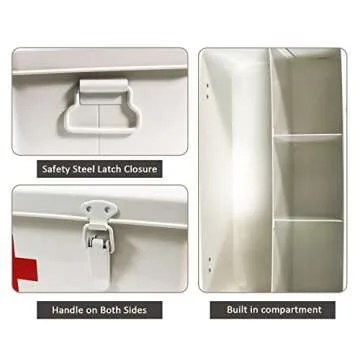 Xbopetda First Aid Medicine Box, First Aid Kit Supplies Bin, Metal Medicine Storage Tin, First Aid Empty Box with Safety Lock for Home Emergency Tool Set-White