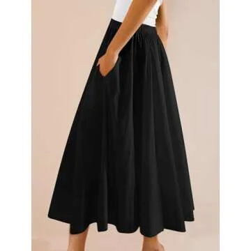 Yousify Women’s A-Line Midi Skirts Casual Elastic High Waist Flowy Swing Pleated Beach Boho Long Skirt with Pocket Black