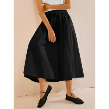 Yousify Women’s A-Line Midi Skirts Casual Elastic High Waist Flowy Swing Pleated Beach Boho Long Skirt with Pocket Black
