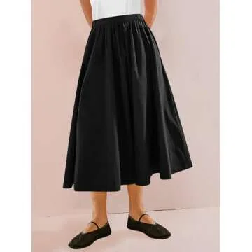 Yousify Women’s A-Line Midi Skirts Casual Elastic High Waist Flowy Swing Pleated Beach Boho Long Skirt with Pocket Black