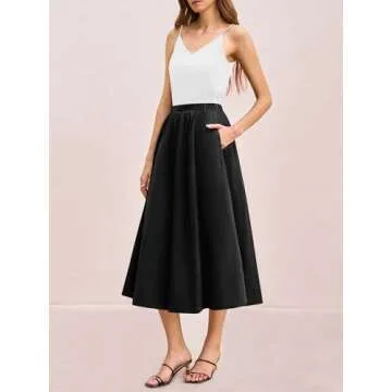 Yousify Women’s A-Line Midi Skirts Casual Elastic High Waist Flowy Swing Pleated Beach Boho Long Skirt with Pocket Black