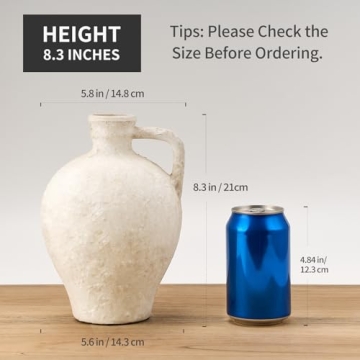 LUKA Ceramic Rustic Farmhouse Vase,8.25 inch Terracotta Vase with Handle,Neutral Clay Pot Vases Decorative Vase for Living Room,Table,Shelf Decor(Off-White,M)