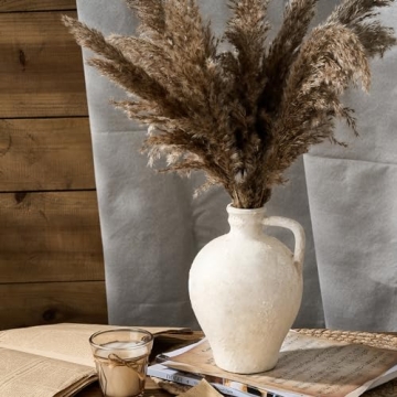 LUKA Ceramic Rustic Farmhouse Vase,8.25 inch Terracotta Vase with Handle,Neutral Clay Pot Vases Decorative Vase for Living Room,Table,Shelf Decor(Off-White,M)