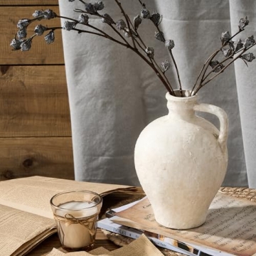 LUKA Ceramic Rustic Farmhouse Vase,8.25 inch Terracotta Vase with Handle,Neutral Clay Pot Vases Decorative Vase for Living Room,Table,Shelf Decor(Off-White,M)