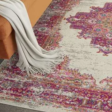 Nourison Passion Ivory/Fuchsia 5'3" x 7'3" Area Rug, Boho, Traditional, Easy Clean, Non Shedding, Be...