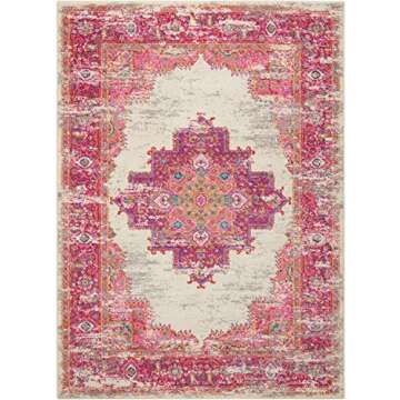 Nourison Passion Ivory/Fuchsia 5'3" x 7'3" Area Rug, Boho, Traditional, Easy Clean, Non Shedding, Bed Room, Living Room, Hallway, (5' x 7')