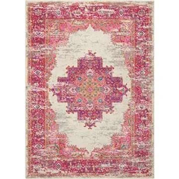 Nourison Passion Ivory/Fuchsia 5'3" x 7'3" Area Rug, Boho, Traditional, Easy Clean, Non Shedding, Bed Room, Living Room, Hallway, (5' x 7')