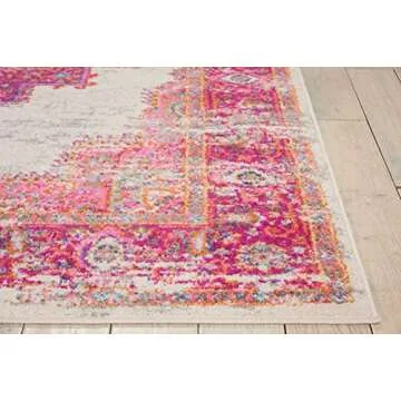 Nourison Passion Ivory/Fuchsia 5'3" x 7'3" Area Rug, Boho, Traditional, Easy Clean, Non Shedding, Bed Room, Living Room, Hallway, (5' x 7')