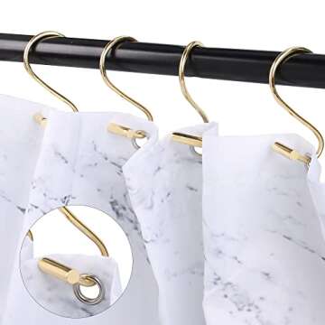 Shower Curtain Hooks, Set of 12 Metal Chrome T-Bar Shower Hook Rings, Stainless Steel Rust Proof S Shaped Hooks, for Bathroom Shower Curtain Rod (Gold)