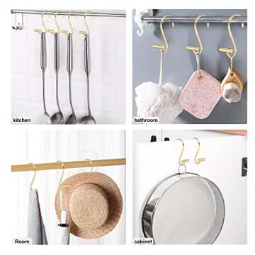 Shower Curtain Hooks, Set of 12 Metal Chrome T-Bar Shower Hook Rings, Stainless Steel Rust Proof S Shaped Hooks, for Bathroom Shower Curtain Rod (Gold)