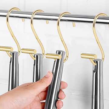 Shower Curtain Hooks, Set of 12 Metal Chrome T-Bar Shower Hook Rings, Stainless Steel Rust Proof S Shaped Hooks, for Bathroom Shower Curtain Rod (Gold)