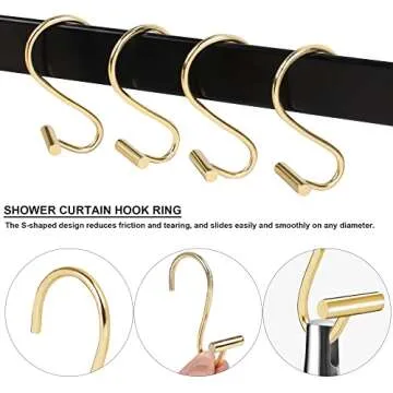 Shower Curtain Hooks, Set of 12 Metal Chrome T-Bar Shower Hook Rings, Stainless Steel Rust Proof S Shaped Hooks, for Bathroom Shower Curtain Rod (Gold)