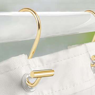 Shower Curtain Hooks, Set of 12 Metal Chrome T-Bar Shower Hook Rings, Stainless Steel Rust Proof S Shaped Hooks, for Bathroom Shower Curtain Rod (Gold)
