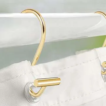 Shower Curtain Hooks, Set of 12 Metal Chrome T-Bar Shower Hook Rings, Stainless Steel Rust Proof S Shaped Hooks, for Bathroom Shower Curtain Rod (Gold)