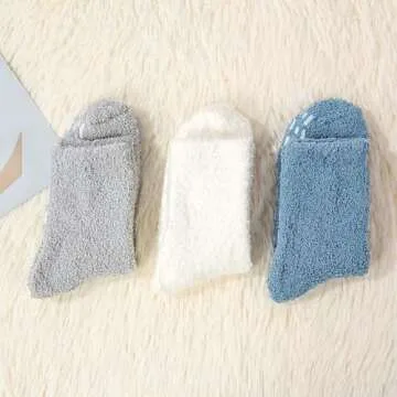Zando Fuzzy Socks for Women Non Slip Slipper Socks Cozy Fluffy Socks Winter Grip Socks Non Skid Socks Warm Fleece Socks Super Soft Anti Slip Socks Indoor Sleeping Socks 3 Pack Blue/Gray/White One Size
