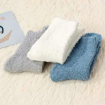 Zando Fuzzy Socks for Women Non Slip Slipper Socks Cozy Fluffy Socks Winter Grip Socks Non Skid Socks Warm Fleece Socks Super Soft Anti Slip Socks Indoor Sleeping Socks 3 Pack Blue/Gray/White One Size