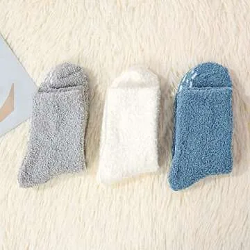 Zando Fuzzy Socks for Women Non Slip Slipper Socks Cozy Fluffy Socks Winter Grip Socks Non Skid Socks Warm Fleece Socks Super Soft Anti Slip Socks Indoor Sleeping Socks 3 Pack Blue/Gray/White One Size