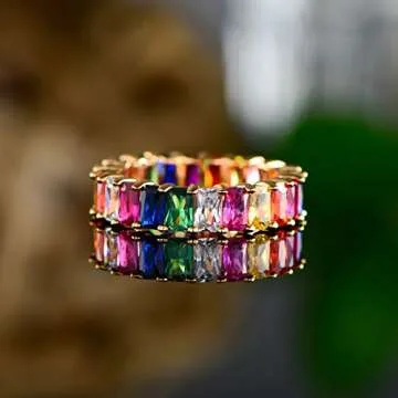 Eternity Rainbow Ring Wedding Band for Women | 18K Gold Plated Emerald-Cut Rainbow Multi Color Created-Gemstone Eternity Ring (Gold, 7)