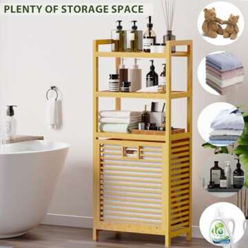 Lkeiyay laundry hamper bamboo, Tilting Linen Individual Laundry Sorter with Handle, 3 storage shelves and Removable Lining for Bedroom, Bathroom, Laundry Room, Living Room Storage Racks