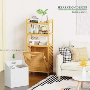 Lkeiyay laundry hamper bamboo, Tilting Linen Individual Laundry Sorter with Handle, 3 storage shelves and Removable Lining for Bedroom, Bathroom, Laundry Room, Living Room Storage Racks