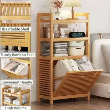 Lkeiyay laundry hamper bamboo, Tilting Linen Individual Laundry Sorter with Handle, 3 storage shelves and Removable Lining for Bedroom, Bathroom, Laundry Room, Living Room Storage Racks
