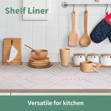Shelf Liners for Kitchen Cabinets 12in x 20FT, Non Adhesive Cabinet Liner Strong Non-Slip Thickened Gold Geometric Drawer Liner, Easy to Clean for Shelf, Cabinet with Knife and Tape Measure