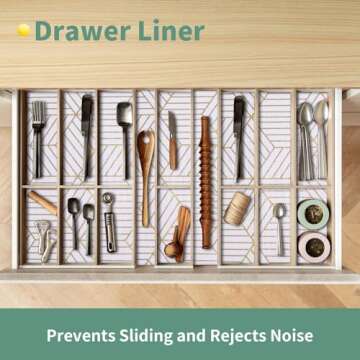 Shelf Liners for Kitchen Cabinets 12in x 20FT, Non Adhesive Cabinet Liner Strong Non-Slip Thickened Gold Geometric Drawer Liner, Easy to Clean for Shelf, Cabinet with Knife and Tape Measure