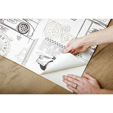 RoomMates RMK11804WP Disney and Pixar Cars Schematic Peel and Stick Wallpaper, Grey/White
