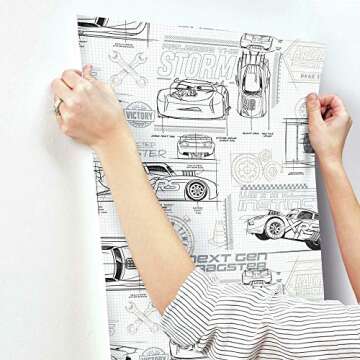 RoomMates RMK11804WP Disney and Pixar Cars Schematic Peel and Stick Wallpaper, Grey/White