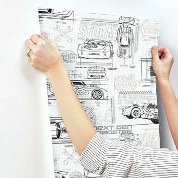 RoomMates RMK11804WP Disney and Pixar Cars Schematic Peel and Stick Wallpaper, Grey/White