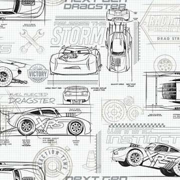 RoomMates RMK11804WP Disney and Pixar Cars Schematic Peel and Stick Wallpaper, Grey/White