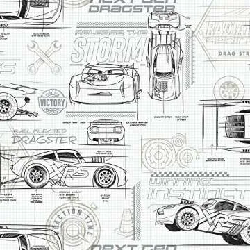 RoomMates RMK11804WP Disney and Pixar Cars Schematic Peel and Stick Wallpaper, Grey/White