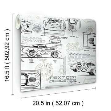 RoomMates RMK11804WP Disney and Pixar Cars Schematic Peel and Stick Wallpaper, Grey/White