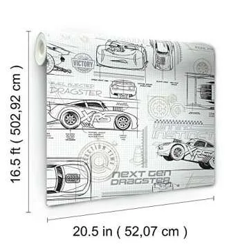 RoomMates RMK11804WP Disney and Pixar Cars Schematic Peel and Stick Wallpaper, Grey/White