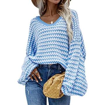 Yuanlar Women's Oversized V Neck Knit Tops Long Sleeve Loose Fit Off Shoulder Pullover Sweater (Blue, X-Large)