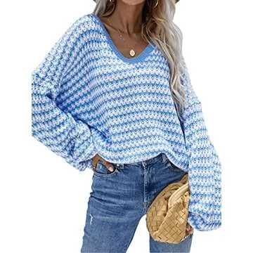 Yuanlar Women's Oversized V Neck Knit Tops Long Sleeve Loose Fit Off Shoulder Pullover Sweater (Blue, X-Large)