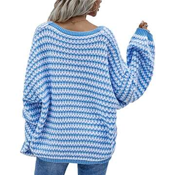 Yuanlar Women's Oversized V Neck Knit Tops Long Sleeve Loose Fit Off Shoulder Pullover Sweater (Blue, X-Large)