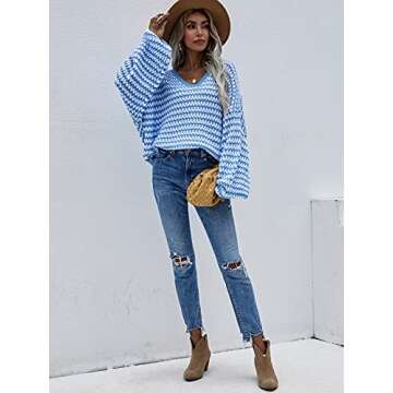 Yuanlar Women's Oversized V Neck Knit Tops Long Sleeve Loose Fit Off Shoulder Pullover Sweater (Blue, X-Large)