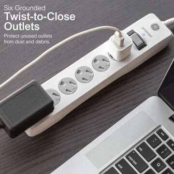 GE 6-Outlet Surge Protector, 4 Ft Extension Cord, Power Strip, 800 Joules, Flat Plug, Twist-to-Close Safety Covers, Protected Indicator Light, UL Listed, White, 33658