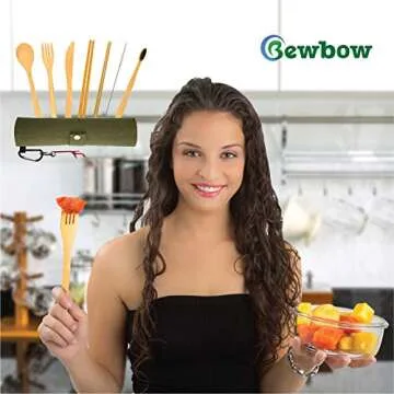 Bamboo Utensils Cutlery Set BEWBOW – Reusable Cutlery Travel Set – Eco-Friendly Wooden Silverware for Kids & Adults – Outdoor Portable Utensils with Case – Bamboo Spoon, Fork, Knife, Brush, Chopsticks