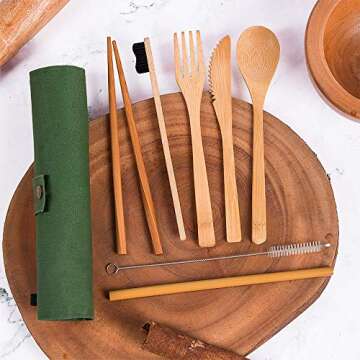 Bamboo Utensils Cutlery Set BEWBOW – Reusable Cutlery Travel Set – Eco-Friendly Wooden Silverware for Kids & Adults – Outdoor Portable Utensils with Case – Bamboo Spoon, Fork, Knife, Brush, Chopsticks