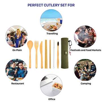 Bamboo Utensils Cutlery Set BEWBOW – Reusable Cutlery Travel Set – Eco-Friendly Wooden Silverware for Kids & Adults – Outdoor Portable Utensils with Case – Bamboo Spoon, Fork, Knife, Brush, Chopsticks