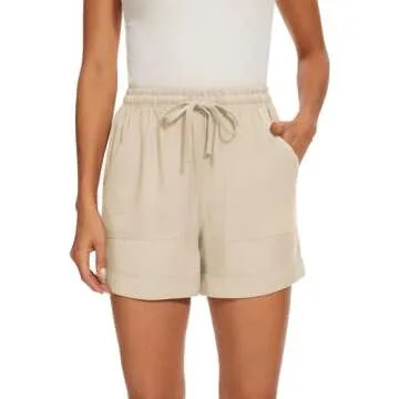 SMENG Women's Shorts Cotton Lounge Shorts for Women Comfy with Pockets Elastic Waist Drawstring hot Pants Summer Shorts Beige Small