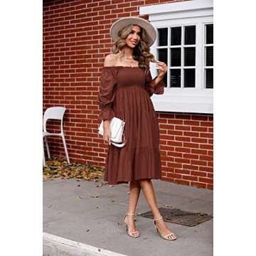 R.Vivimos Women's Summer Cotton Polka Dots Puff Sleeves Bow Casual Off-Shoulder Boho Midi Dress (Small, ChocolateBrown)