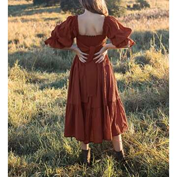 R.Vivimos Women's Summer Cotton Polka Dots Puff Sleeves Bow Casual Off-Shoulder Boho Midi Dress (Small, ChocolateBrown)