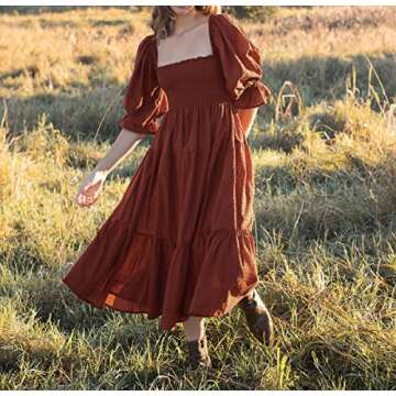 R.Vivimos Women's Summer Cotton Polka Dots Puff Sleeves Bow Casual Off-Shoulder Boho Midi Dress (Small, ChocolateBrown)