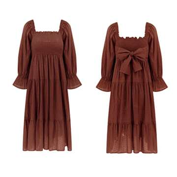 R.Vivimos Women's Summer Cotton Polka Dots Puff Sleeves Bow Casual Off-Shoulder Boho Midi Dress (Small, ChocolateBrown)