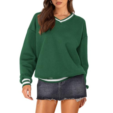 PRETTYGARDEN Women's Oversized Sweatshirts Casual Long Sleeve Stripes Knit V Neck Pullover Top Fall ...