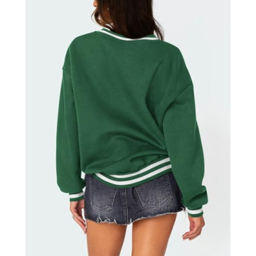 PRETTYGARDEN Women's Oversized Sweatshirts Casual Long Sleeve Stripes Knit V Neck Pullover Top Fall Teens Preppy Clothes(Green,Large)